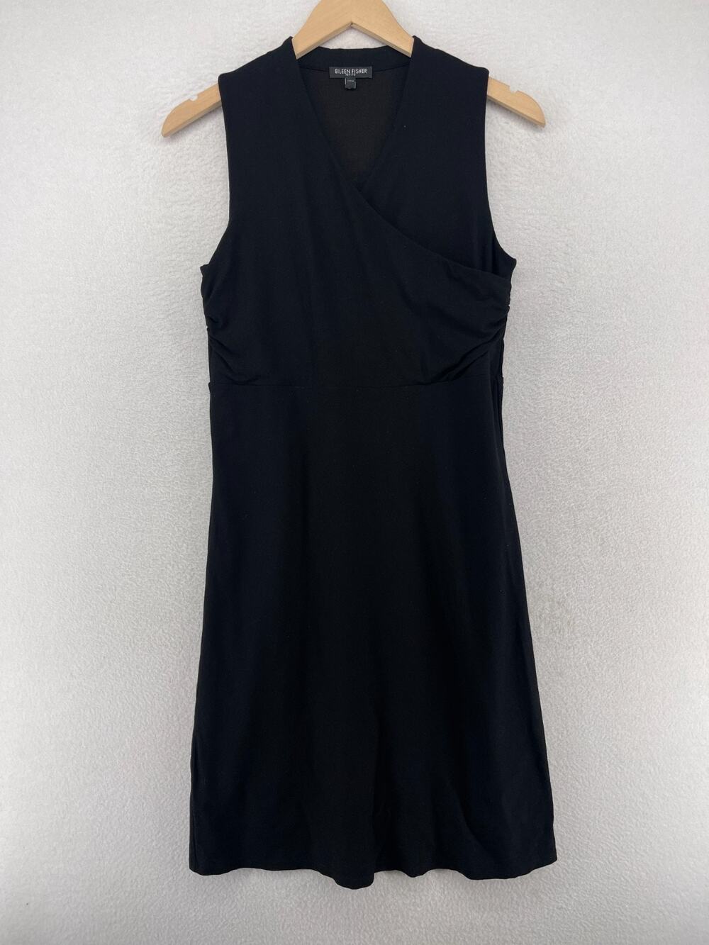 EILEEN FISHER Dress PS Washable Stretch Crepe Surplice Wrap Sleeveless Black USA